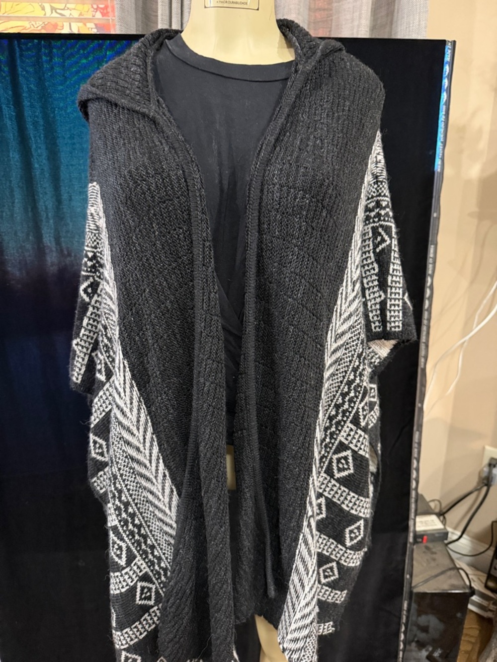 Garage Black Hooded Poncho with White Aztec Panels